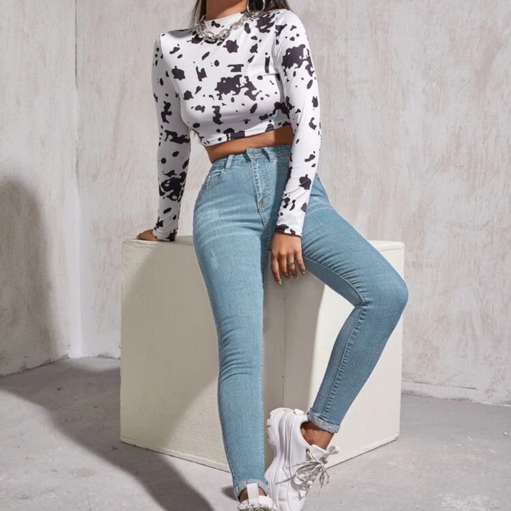 Shein High Waist Patch Detail Skinny Jeans,Light Wash,M(6)
